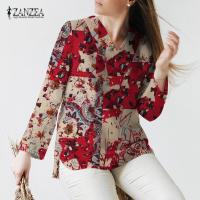 ราคา Stock Womens Cotton Linen V Neck Split Blouse Vintage Printed Long Sleeve Tops 12 Popular (20905218785)