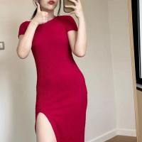 ราคา เดรสยาวผ้ายืดร่องเล็ก เเขนสั้น คอกลม ผ่าข้าง ผ้าดีมาก (21195729106)