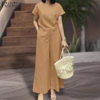 ราคา จัดส่งฟรี Esolo ZANZEA ชุดวอร์ม2ชิ้นสำหรับชุดแขนสั้นเสื้อผู้หญิงท่อนบนหลวมกางเกงขายาว Solid 15 (19020632805)