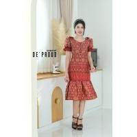ราคา DeProud เดรสผ้าไทยชายระบาย เดอพราวด์ รุ่น Pretty สีแดง เดรสผ้าทอลายไทย เดรสลายไทย PRETTY 01 (19128978265)