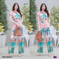 ราคา TW18450 set 2 ชิ้น เสื้อครอปปกเชิ้ต ลายต้นมะพร้าว กางเกงขาายาวลายต้นมะพร้าว (17764370355)
