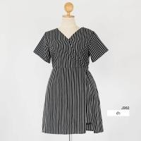 ราคา J362 จั๊มผ้าไหมอิตาลีขาสั้นแต่งกระโปรงผ่าข้างลายริ้ว ยาว37 (19398247737)