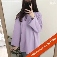 ราคา INS เสื้อยืดแขนยาวผู้หญิง คอกลม สีพื้น oversize หลวมๆ ทรงปล่อยตรงผ้าคอตตอน 358 (11091201108)