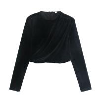 ราคา Willshela แฟชั่นสำหรับผู้หญิงเสื้อสตรีเอวลอยกำมะหยี่สีดำล้วนแขนคอกลมยาวเสื้อลำลองขาสั้นผู้หญิงเก๋ไก๋ (21122752269)