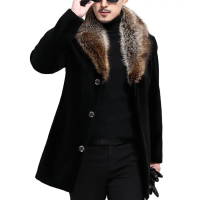 ราคา Faux Fur Collar Men Woolen Coat Thick Turn down Collar Single breasted Slim Fit Woolen Men Jacket Windbreaker Outwear Men Coat (21003139688)