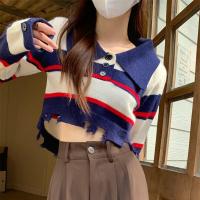 ราคา Ann Fashion เสื้อครอปเอวลอยเกาหลี เสื้อแขนยาวไหมพรม แต่งเอวขาด ลายทาง คอปก กระดุมคอ 388 (20433281191)