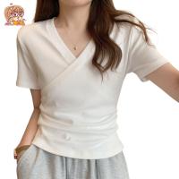 ราคา เสื้อคอวี ดีเทลไขว้หน้า เสื้อสีพื้น สวยๆ ใส่สบาย TS1088 (20269327660)