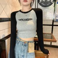ราคา เสื้อยืดพิมพ์ลายตัวอักษรของผู้หญิงเสื้อยืดแขนยาวแบบปะต่อ Y2K ย้อนยุคแนวแฟชั่นฤดูใบไม้ร่วงฤดูหนาวเสื้อครอปแบบตัดสีตัดกัน cewek seksi kpop (21170541160)