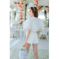 ราคา พร้อมส่งรุ่นแขนสั้น เสื้อเชิ้ตออกงานแต่งอกอลังระบายผ้าแก้ว เสื้อฟรุ้งฟริ้งผ้าแก้วเกาหลี (21210459335)