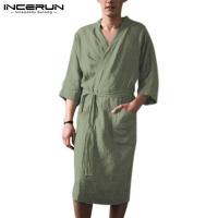 ราคา 酱INCERUNชุดนอนผู้ชายผ้าคอตตอนลินินชุดกิโมโนเสื้อคลุมอาบน้ำชุดคลุมฤดูร้อน1021 (20710465122)