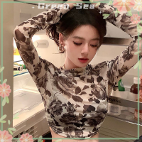 ราคา เสื้อยืดแขนยาวคอกลมลายดอกไม้สีเขียวน้ำทะเลสีเขียวเสื้อครอปทรงสลิม (20675087869)