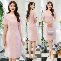 ราคา 2 สี เดรสผ้าไหมสังเคราะห์ปักลูกไม้มุก สวยเรียบหรู สีทอง ชมพูอ่อน M 3XL เดรสออกงาน เดรสไปงาน (17488592872)