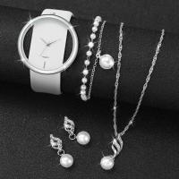 ราคา Fashion Hollow Dial Womens Watches Casual Leather Band Quartz Wrist Watch Pearls Jewelry Set (21052968016)