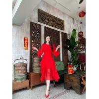 ราคา DIREPA SM9695 เดรสยาวผ้าชีฟอง ระบายปลายกระโปรง สีแดงสดสวยมากใส่สบายไม่ร้อน (21297226440)