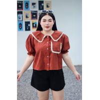 ราคา BN225 เสื้อครอปเชิ้ตผ้าลูกฟูกสาวอวบ ปกบัวแต่งลูกไม้รอบปก แขนตุ๊กตา อก50 (21059842655)