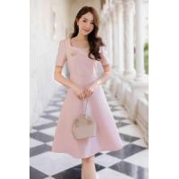 ราคา สีครีมทอง สีชมพู เดรสออกงาน สวยเรียบหรู ชุดเดรสคอเหลี่ยม กระโปรงทรงเอ สวยมากค่ะ S XXL ชุดเพื่อนเจ้าสาว สวยหวานค่ะ (16365460299)