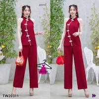 ราคา TW20311 Set 2 ชิ้น เสื้อเปิดไหล่คอจีนใส่ซิปหลัง กางเกงขายาว (21324912274)
