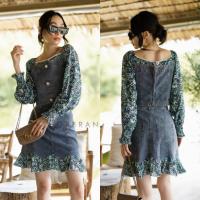 ราคา เซตยีนส์ 2 ชิ้น เสื้อยีนส์ต่อแขนลายดอก กระโปรง VSHOP (18246157587)