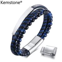 ราคา Kemstone กำไลข้อมือสามชั้นสีเคลือบโอนิกซ์แบบด้านเหล็กสเตนเลสสีดำหนังแท้สีน้ำเงินเครื่องประดับกำไลข้อมือของผู้ชาย (20687003912)