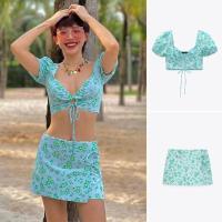 ราคา พร้อมส่ง เซท2ชิ้น เสื้อครอปกับกางเกงกระโปรงสีฟ้าลายดอก ชุดเซทไปทะเล งานเกรดzara (19186717263)