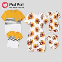ราคา ชุดเดรสแขนสั้นพิมพ์ลายดอกทานตะวันสำหรับครอบครัวเดรสแขนสั้นแต่งแถบสีชุดเสื้อยืด (19012791117)