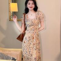 ราคา เดรสยาวผ้าชีฟองลายนางฟ้าสำหรับผู้หญิงเดรสชุดเดรสลายดอกไม้สีม่วงแขนพองเอวใหญ่สำหรับผู้หญิงใส่ในฤดูร้อน (18073445506)
