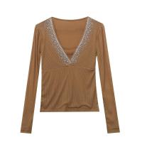 ราคา REHIN เสื้อยืดผู้หญิงแขนยาวตาข่ายฉลุลายปั๊มเป็นรูเสื้อยืดสีทึบเสื้อยาวปิดถึงก้นคอเหลี่ยม (17754790480)