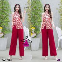 ราคา TW17260 set 2 ชิ้น เสื้อเปิดไหล่คอจีนซิปหลัง แต่งกระดุมจีน กางเกงขายาวทรงกระบอก SALE (12177639348)