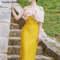 ราคา สีเหลืองเฉือนคอ Dress ผู้หญิงวินเทจ2023ดอกไม้สามมิติหรูหรา B Odycon Dress สุภาพสตรีพรรค S Trapped Vestidos (15896962728)