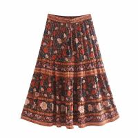 ราคา Vintage chic women Hippie beach Bohemian floral print rayon cotton skirt High Waist tassel Midi A Line Boho Skirts Femme (13315956186)