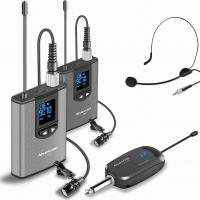 ราคา Wireless Headset Lavalier Microphone System Alvoxcon Dual Wireless Lapel Mic Compatible with iPhone DSLR Camera PA Speaker YouTube Podcast Video Recording Conference Vlog Interview Dual Mic Gray (1088
