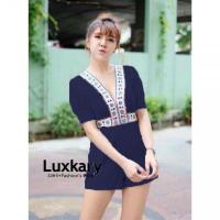ราคา TW3391 จั้มสูทขาสั้น คอวีหน้า หลังแต่งขอบดอกไม้ลายผ้าTaxture (614768652)