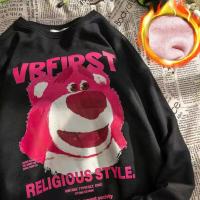 ราคา Flame Bear Print Crewneck Sweatshirt Women Winter Velvet Thick Cute Hoodies Oversized Lovely Pink Long Sleeve Tops Girls Loose (12143116035)