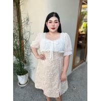 ราคา BN302 ชุดเดรสออกงานสาวอวบ ผ้าชีฟองจุดต่อกระโปรงลายดอก (21324766356)