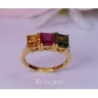 ราคา แหวน ประดับด้วยพลอย บุษราคัม ทับทิม และเขียวส่อง และเพชร เบลเยียม ตัวเรือนทองคำแท้ 18K การันตี พลอยแท้ เพชรแท้ ทองคำแท้ การันตี (10995424184)