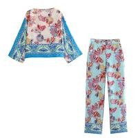 ราคา Willshela ชุดเสื้อและกางเกง2ชิ้นสำหรับผู้หญิงเสื้อและกางเกงผ้าซาตินพิมพ์ลายวินเทจชุดสูทเสื้อและกางเกง (20672682300)