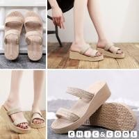 ราคา รองเท้าแตะพื้นโฟมส้นตึกแฟชั่น แต่งคาดเชือกถัก สีเบจ เบอร์ 36 41 (19776807534)