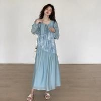 ราคา QearlLady ชุดเดรสแขนคอกลมยาวสีฟ้าครามสำหรับผู้หญิงชุดกระโปรงยาวเข้ารูปกระโปรงดีไซน์ปะต่อแบบไม่สม่ำเสมอกระโปรง504S367 (21261545655)
