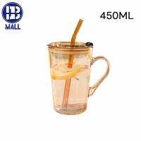 ราคา จัดส่งจากประเทศไทย แก้วกาแฟ ใส ไตล์เรียบง่ายมีหูจับพร้อมฝาปิดและหลอด450ml (21092680528)