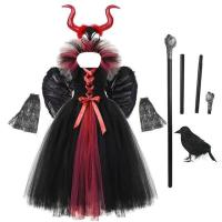 ราคา Maleficent ชุดเครื่องแต่งกายวันฮาโลวีนชุดเดรสสีดำหรูหราสำหรับเด็กผู้หญิงชุดเดรสสีดำหรูหราคอสเพลย์ปีศาจชุดราชินีแม่มด (19614454432)