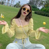 ราคา Material ng chiffon Korean Top Womens Chiffon Crop Tops Floral Print Square Neck Flare Sleeve Top Pleated croptop Blouse women oversize shirt puff sleeve Short (16494521758)