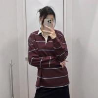 ราคา UNIQLO เสื้อโปโลลำลองแขนยาวสำหรับทั้งหญิงและชาย2023สไตล์มหาลัยเสื้อยืดลายทางหลวม462057ผลิตโดยห้องลองเสื้อ (20948293146)