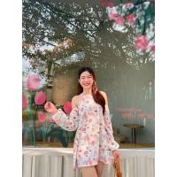 ราคา มินิเดรสเว้าไหล่แขนยาว ลายดอกไม้ (19657758461)