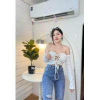 ราคา เสื้อครอป ปาดไหล่แหวกอกแต่งเชือก (20803745432)