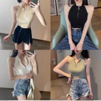ราคา พร้อมส่ง เสื้อสายเดี่ยวผ้าไหมพรมร่อง แขนกุด คล้องคอแต่งซิปด้านหน้า 4สี K237 (15929713003)