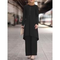 ราคา ZANZEA 2ชิ้นแฟชั่นอิสลามเสื้อผ้า Marocain อี๊ด Mubarek มุสลิมกางเกงชุดผู้หญิงแขนยาวลูกไม้โครเชต์เสื้อกางเกงชุด (19972381080)