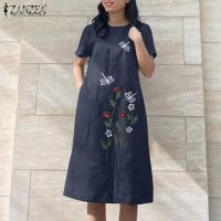 ราคา ZANZEA ชุดเดรสผ้าฝ้ายคอกลมแขนยาวผ้าลินินชุดเดรสซันเดรสแขนกุดปักลายดอกไม้ชุดเดรสมิดี 8 (21356968920)