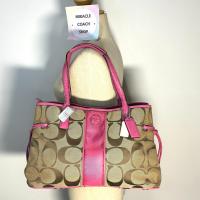 ราคา กระเป๋าถือ COACH แท้ ผ้าลาย SIGNATURE สายหนังแก้ว ใบใหญ่ ช่องเยอะ มีตำหนิที่สาย ลดราคาขาดทุน Clearance Coach 21949 Signature Stripe Carryall Handbag Mulberry Clearance (21264337660)