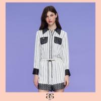 ราคา asv aw23 Icy Striped Shirt เสื้อเชิ้ตผู้หญิง แขนยาว แต่งกระเป๋าหน้าผ้าฉลุลายผสมผ้าตาข่าย แต่งกุ๊นผ้าซาตินด้านหน้า แต่งกระดุมหน้า ผ้าลายทาง (20886855047)