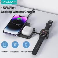 ราคา USAMS 15W 3 In 1ที่ชาร์จแบบไร้สายขนาดกะทัดรัดแบบพกพาและน้ำหนักเบาที่ชาร์จแบบไร้สาย Qi สำหรับโทรศัพท์14 13 12 Pro Max Mini Fast Charging Pad สำหรับหูฟัง Pro สมาร์ทวอท์ช (17324275096)